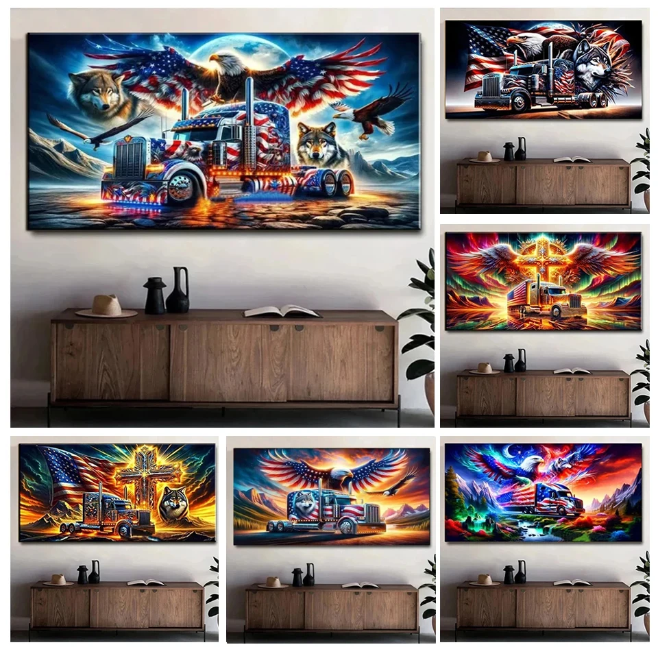 5D Fantasy Eagle Wolf Truck Flag Diamond Painting New 2024 Animals Large DIY Full Diamond Mosaic Embroidery Crystal Home Decor