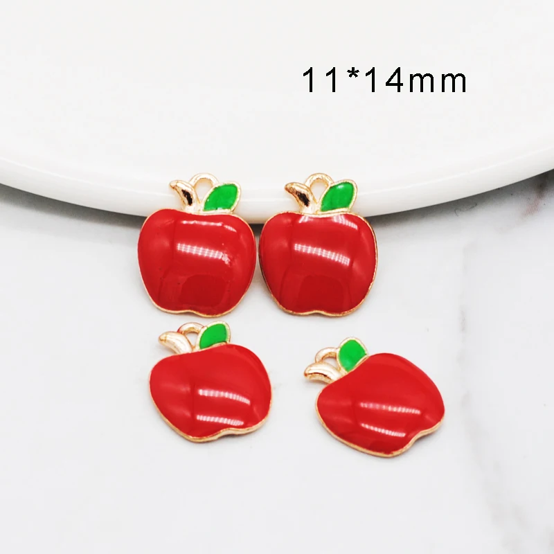 30pcs/Lot New Red Apple Shape Enamel Charms 11*14mm Gold Color Tone Oil Drops Fruit Pendants For Jewelry Accessories Making