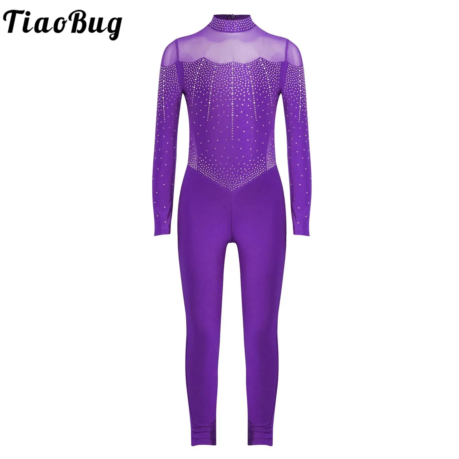 

Kids Girls Rhythmic Gymnastic Figure Skating Leotards Full Body Bodysuit Dance Long Sleeve Mesh Patchwork Rhinestones Jumpsuit