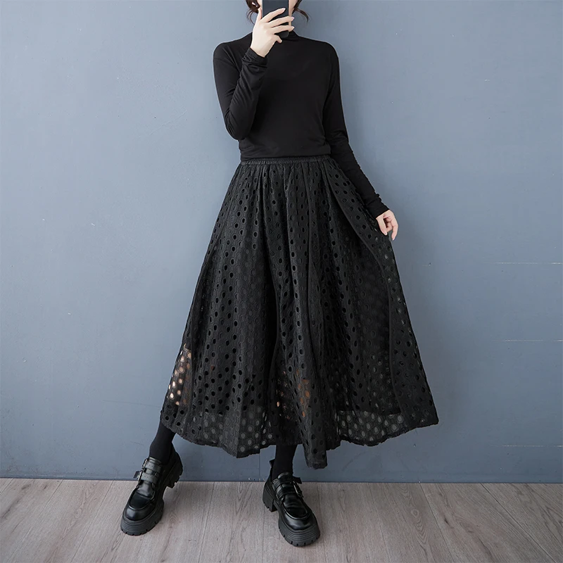 

Модная кружевная ажурная юбка больших размеров с высокой талией и эластичной резинкой на талии, асимметричная длинная юбка трапециевидной формы для поездок на работу