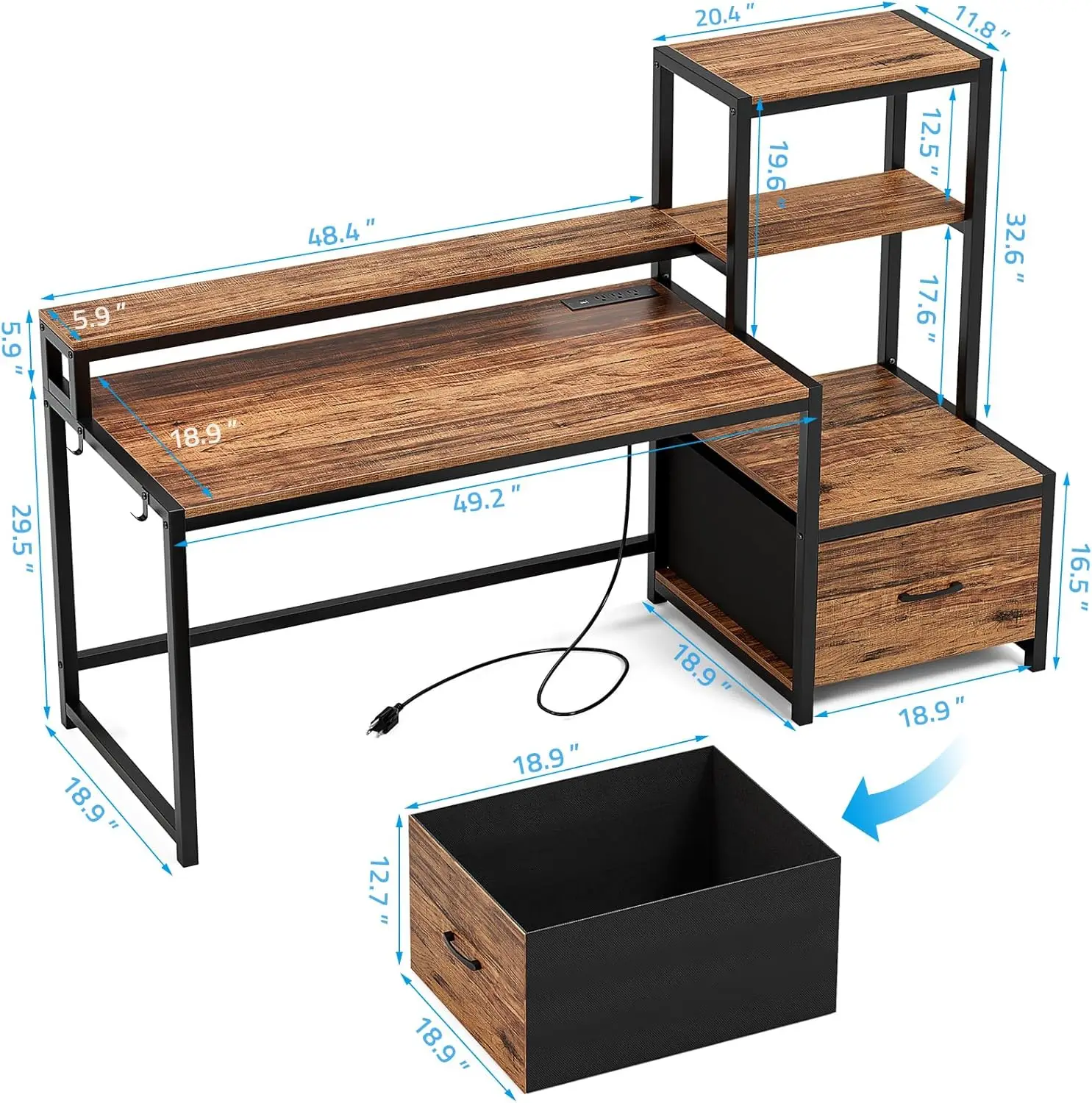 GreenForest-Mesa do computador com gaveta e prateleira da impressora, Home Office Desk com luzes LED e Power Outlets, 58,8 em