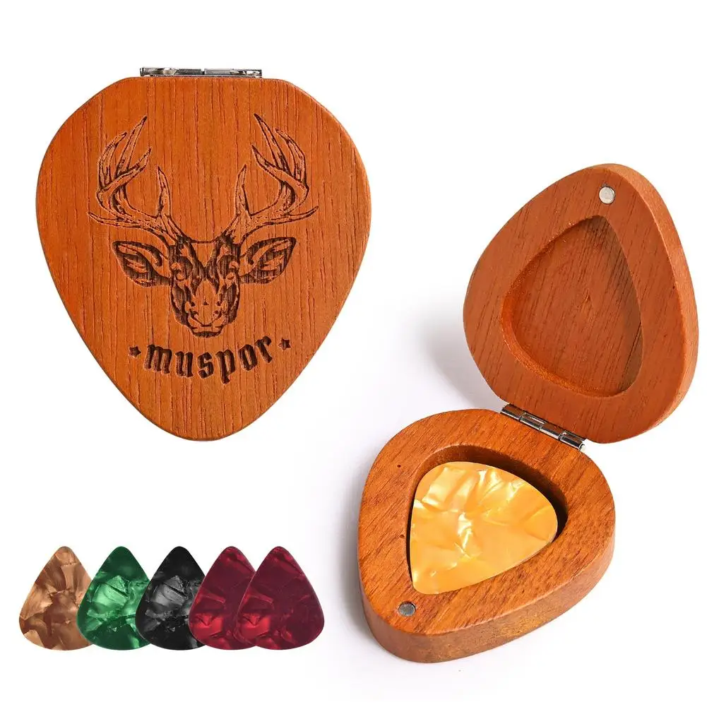 Wood Guitar Pick Holder Pick-Shaped Guitar Storage Plectrum Container Display Case With 5Pcs Colorful Guitar Picks