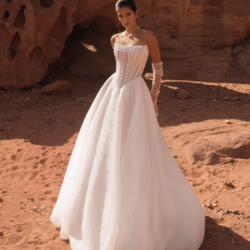 Customized Dazzling Pearls A-line Long Wedding Dress For Woman Bride Without Gloves Dreamy Strapless  New Bridal Gown