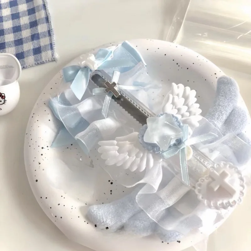 1 Piece Sweet Korean Fashion Box Cutter White Blue Color Wings Bow Ribbon Utility Knife Fashion Cute Lace Paper Cutter