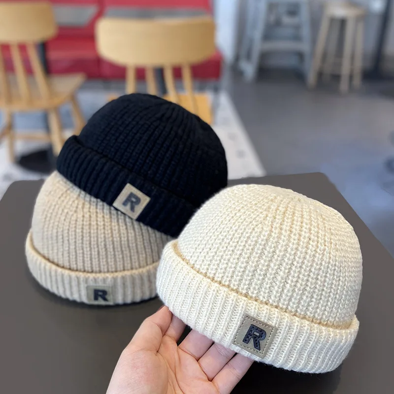 Vintage Fashion Baby Brimless Hat Autumn Winter Knitted Warm Beanie Cap For Kids Solid Color R Letter Boy Girl Docker Caps