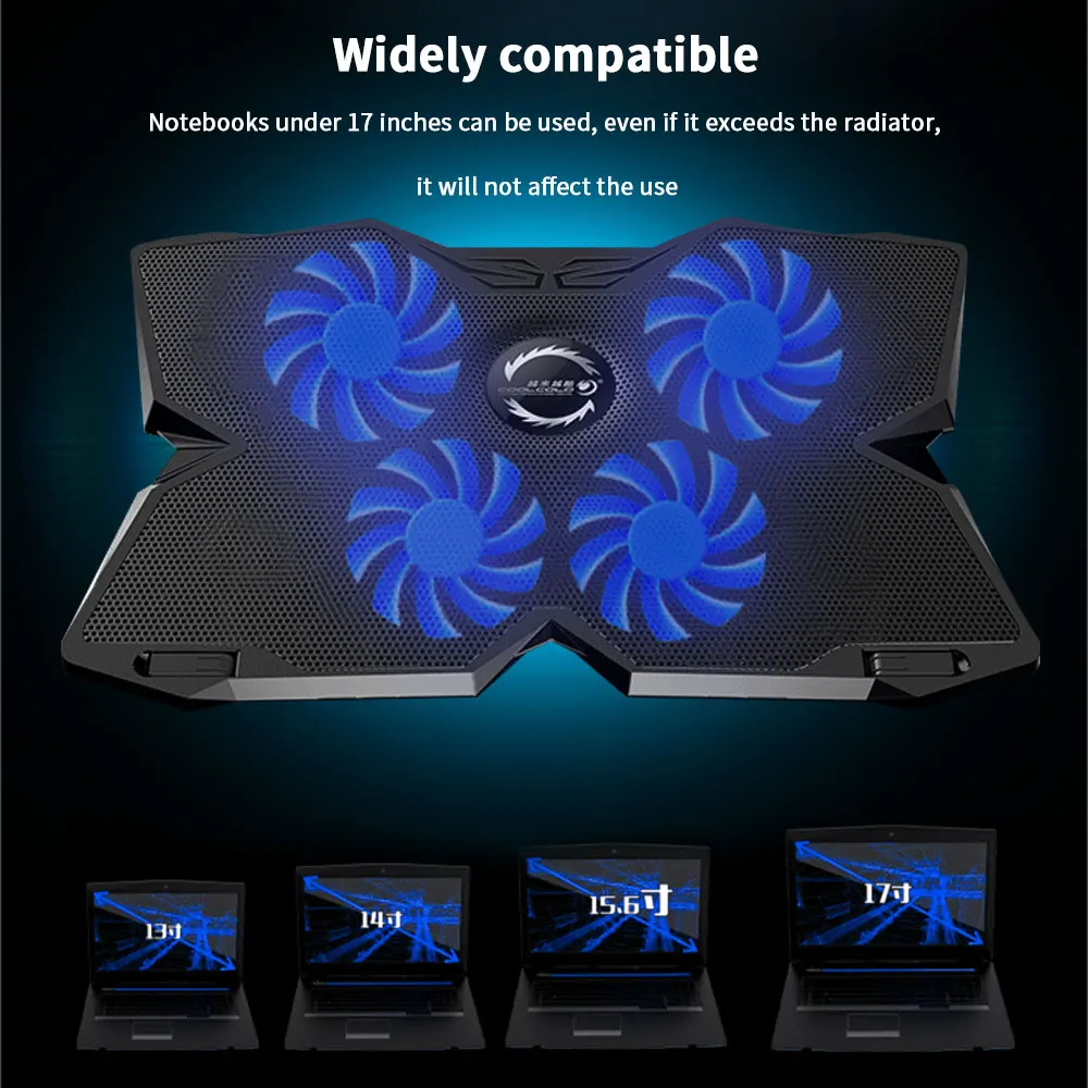 TISHRIC Base Notebook Cooler Laptop Stand Cooling Fan Laptop Cooler Base Cooling Radiator with 4 Fan and 2 USB Ports