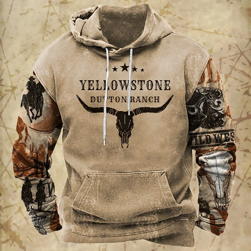 Autumn Winter Men Hoodies Long Sleeve Pullover Vintage Yellowstone Printed Oversized Fashion Streetwear High-quality Hot-selling