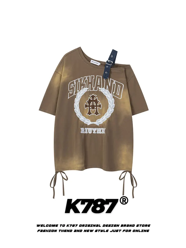 

Женская футболка K787 в американском ретро-стиле с коротким рукавом, в стиле хип-хоп, с узлами, окрашенная, с кружевными вставками, повседневная, свободного кроя