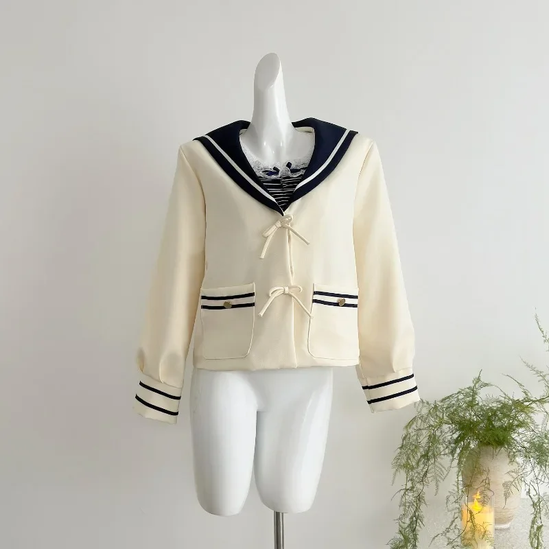 MiiiiX Japan Preppy Style Sweet Girl Coat Women's 2024 Autumn Sailor Collar Bow Patchwork Design Loose Jacket Top Female Clothes