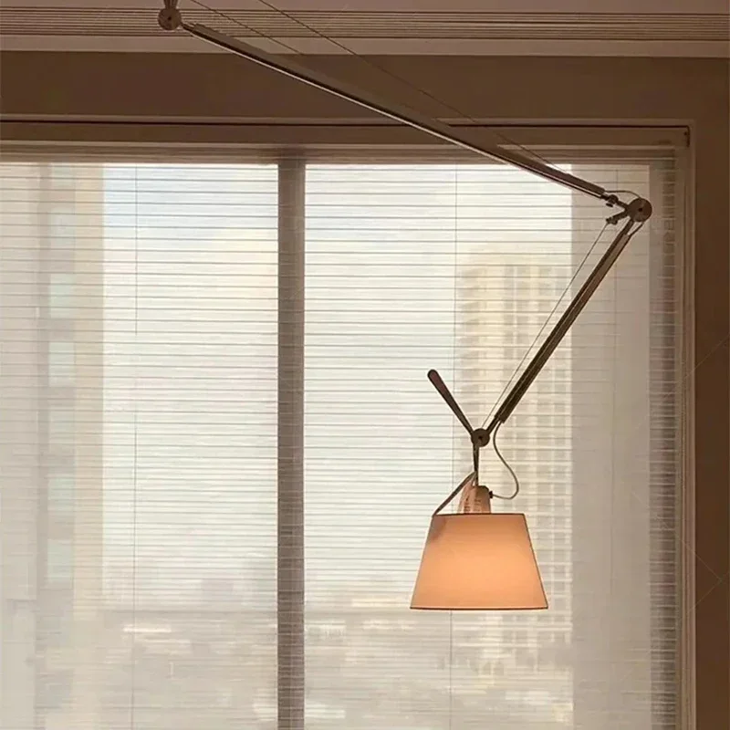 

Italian Warm Fabric Lampshade Ceiling Lamp LED Study Room Dining Coffee Table Bedroom Swing Arm Retractable Shiftable Chandelier