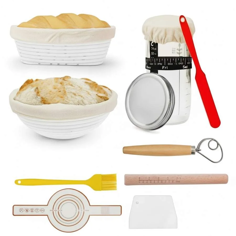 

Bread Proofing Basket Set, 9.8 Inch Oval and 9.6 Inch Sourdough Bread Baking Supplies,,Brush, Rolling Pin, With Bread Baking Su