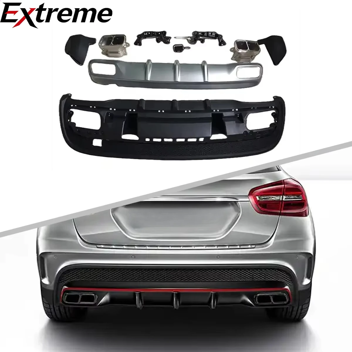 GLA45 Style Car Bumper Rear Diffuser With Silver Black Tips for BENZ X156 AMG 2015-2019