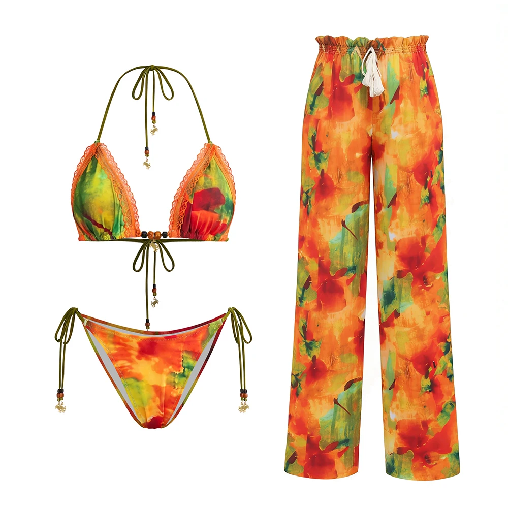 

Printed Bandeau Micro Bikini With Pantes Set Women 3Pcs Swimsuit Fashion Swimming Suit Sexy Lady Biquini Set Swimwear Beachwear