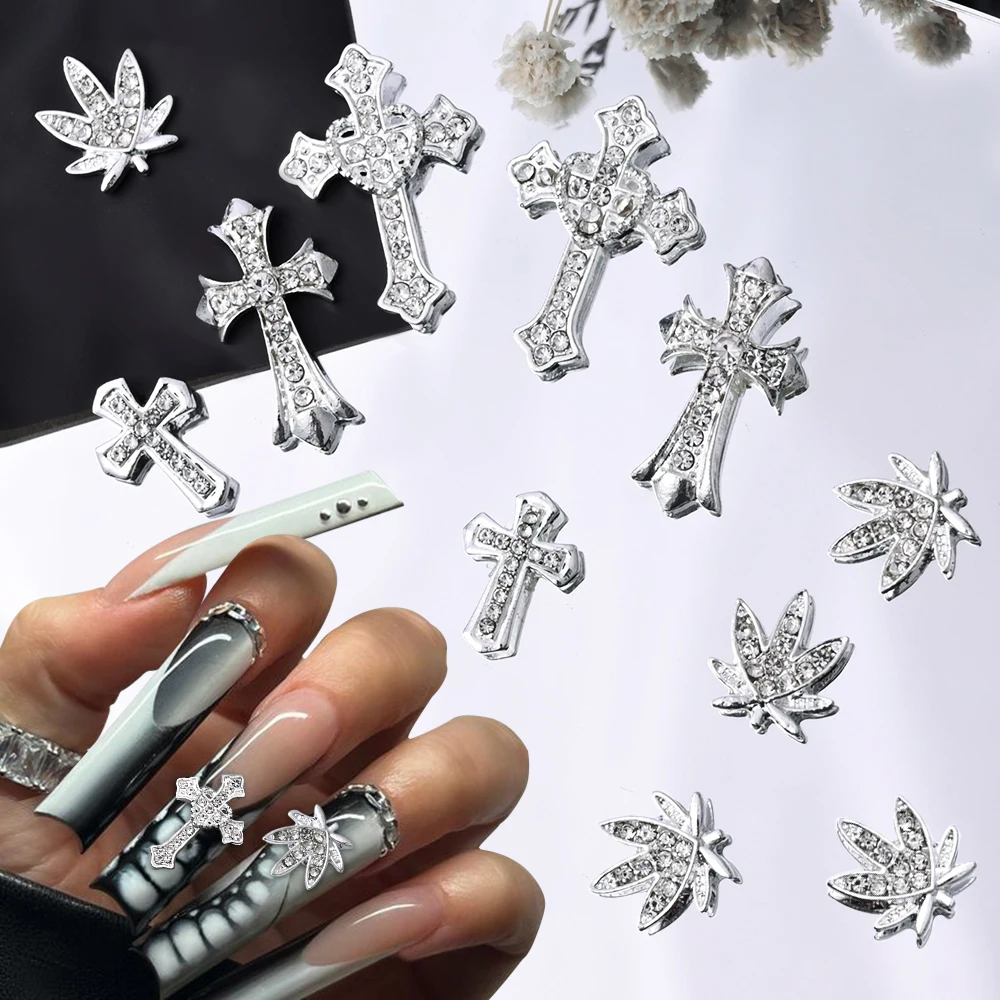 10 pz/lotto Luxury Silver Cross crocifisso Nail Art Charm Parts lega strass Crystal Manicure Nail accessori forniture decorazione