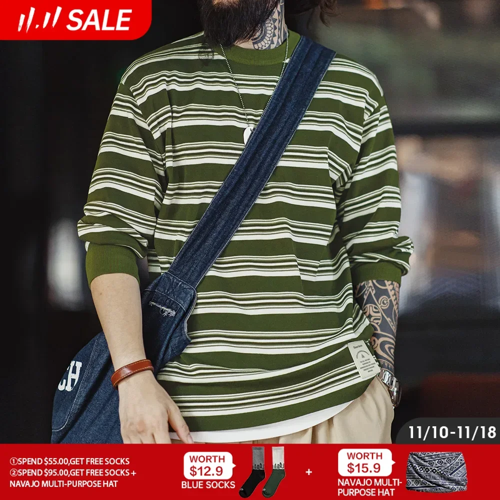 

Maden Retro Contrast Striped Long-sleeved T-shirt Ribbed Round Neck with Knitted Bottoming Shirt for Men's Spring Autumn