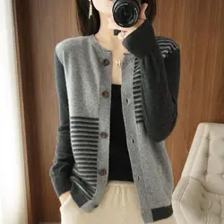 Autumn Winter New Temperament Striped Knitting Cardigan Coat Ladies Fashion Patchwork O-neck Sweater Women Clothing Vintage Tops