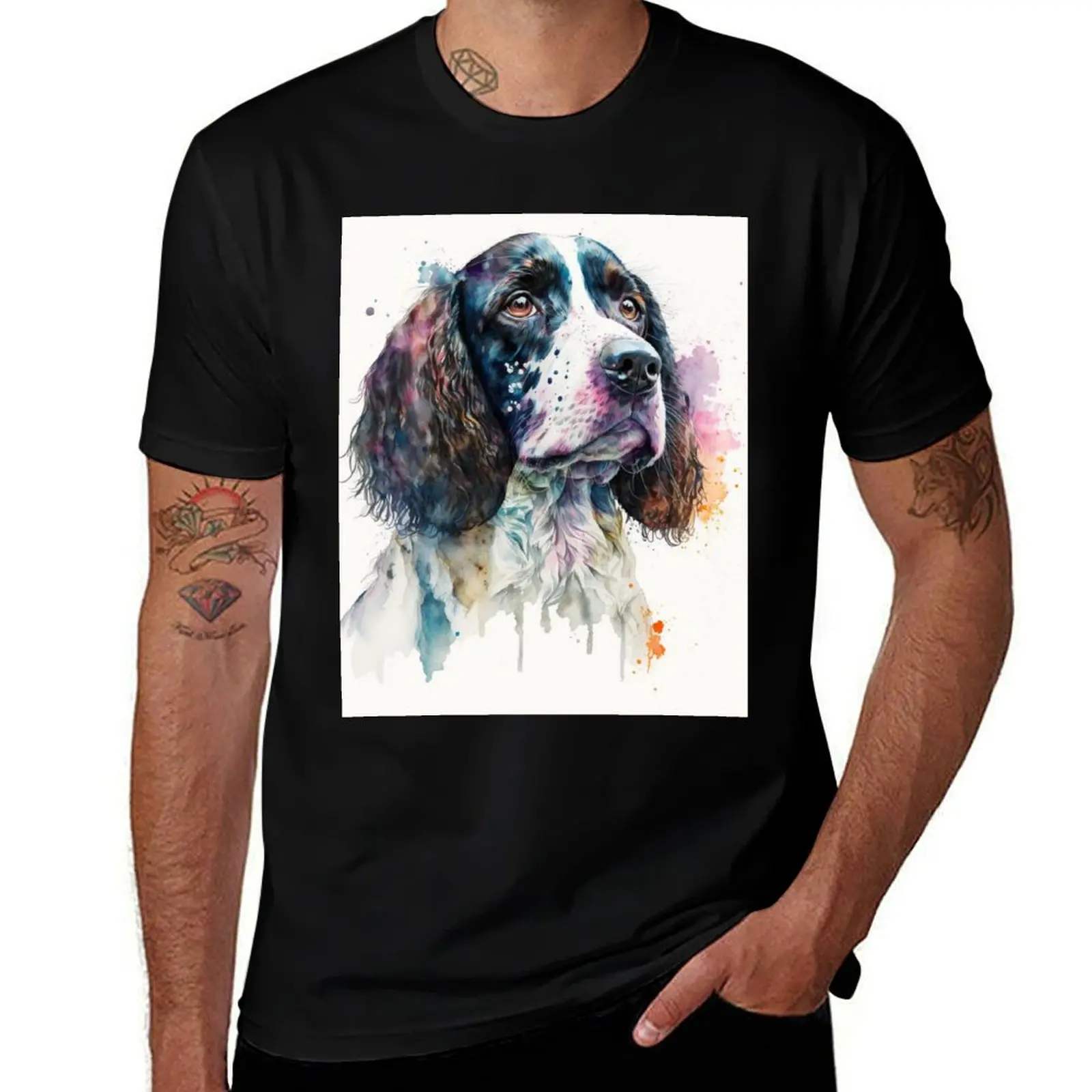English Springer Spaniel Watercolor Sketch T-Shirt man t shirts cotton T-Shirt