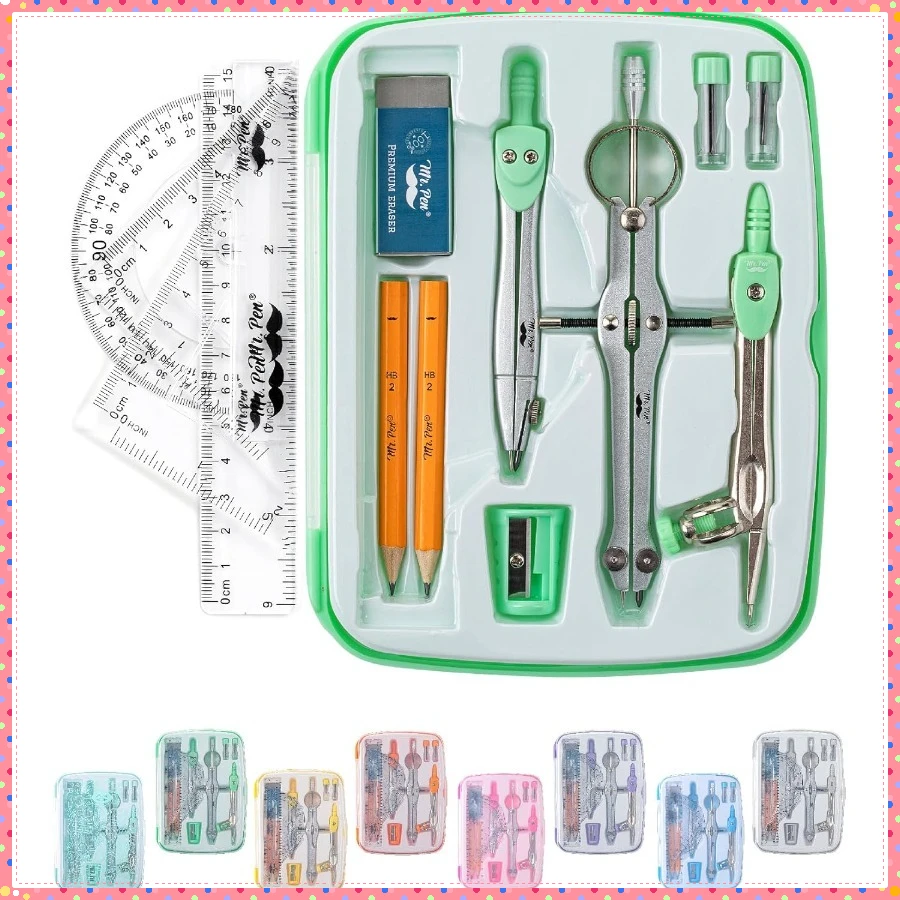 مجموعة هندسية مقاومة للكسر: مجموعة مكونة من 13 قطعة باللون الأخضر النعناعي مع بوصلة دقيقة للرياضيات. مثالية للطلاب