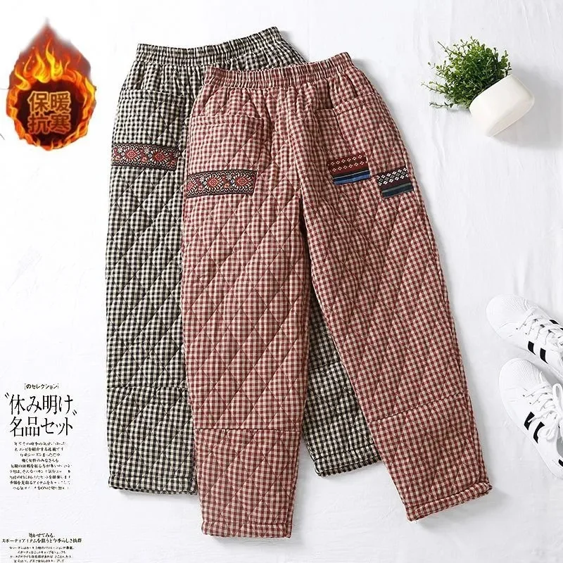 

Women's Retro Checkered Quilted Cotton Pant With Thick Warm Down Cotton Pant Harlan Pants Female Plaid Trousers Winter Black 5XL