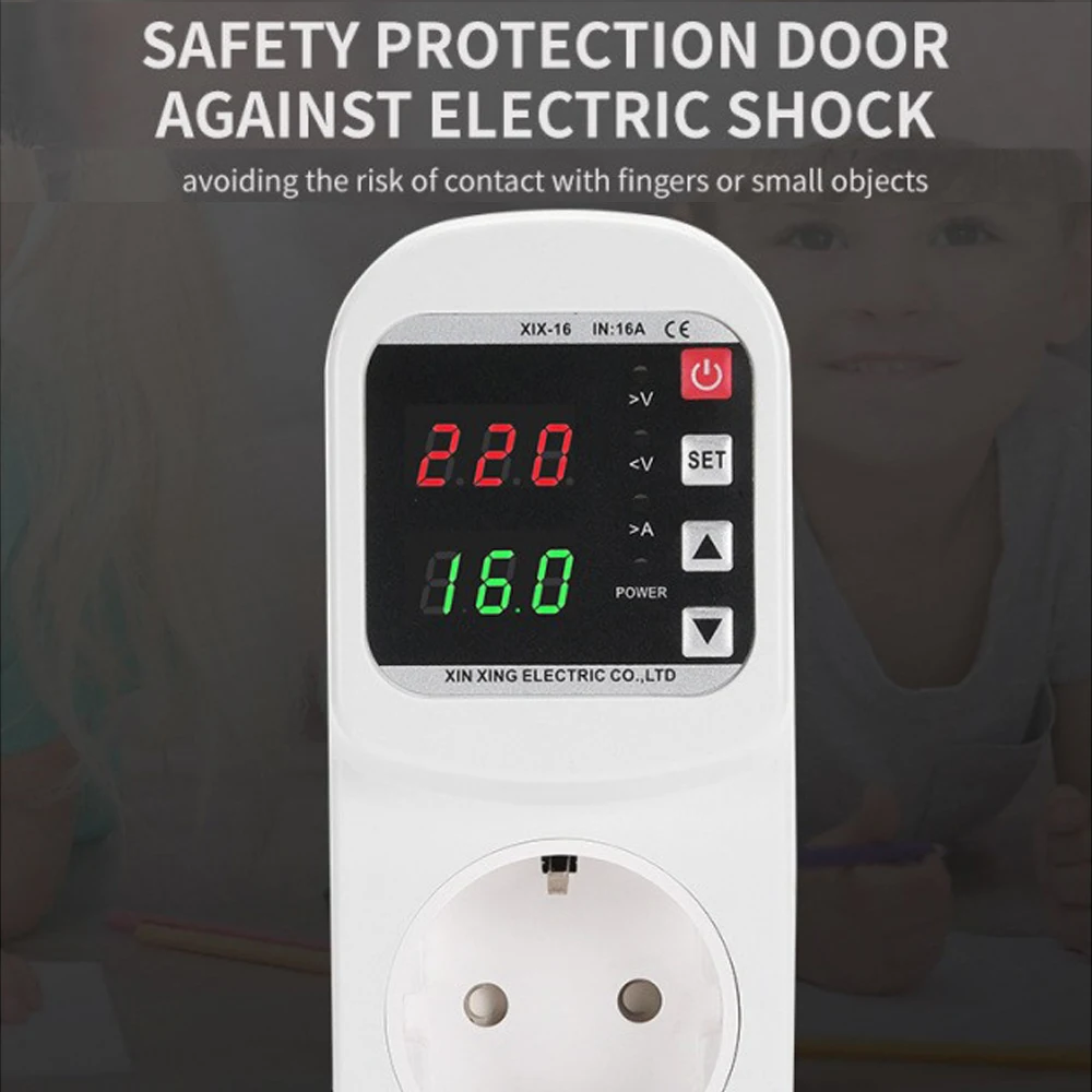 

Digital Display Self-resetting Over Voltage and Under Voltage Protector Safe Socket 220V 63A Adjustable V/A Protective Socket