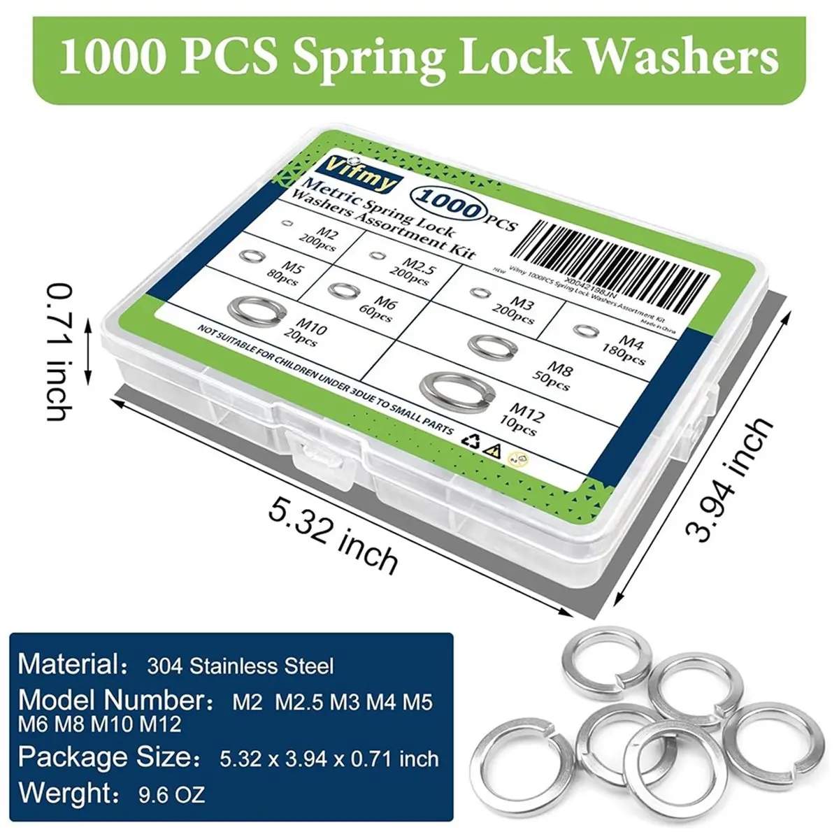 Spring Lock Washers Assortment Kit(1000 Pack), M2 M2.5 M3 M5 M6 M8 M10 Metric Split Lock Washer Set, Lock Washers