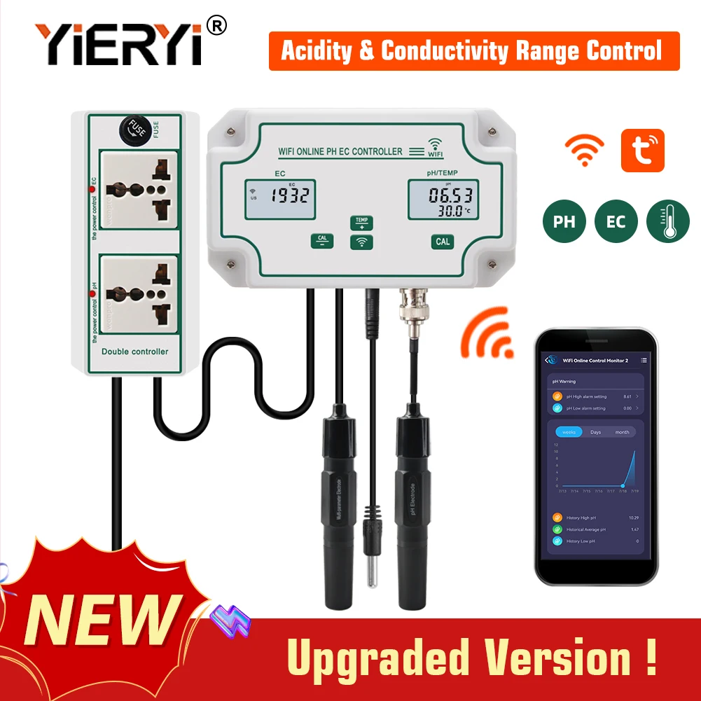 

Yieryi WiFi Online PH EC TEMP Meter Smart Acidity & Conductivity Range Control Switch Hydroponics Aquarium Water Quality Tester