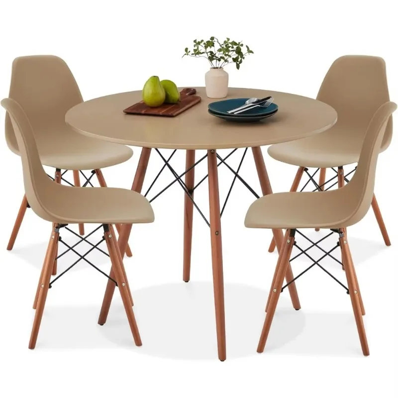 5-Piece Dining Set, Compact Mid-Century Modern Table & Chair Set for Home, Apartment W/ 4 Chairs, Plastic Seats, Wooden Legs