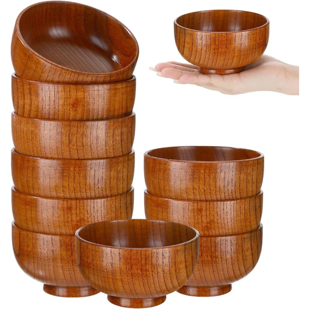 

10 Hand-Carved Wooden Bowls, 4.7 Inch Round Serving Bowls for Snacks, Soup, and Parties