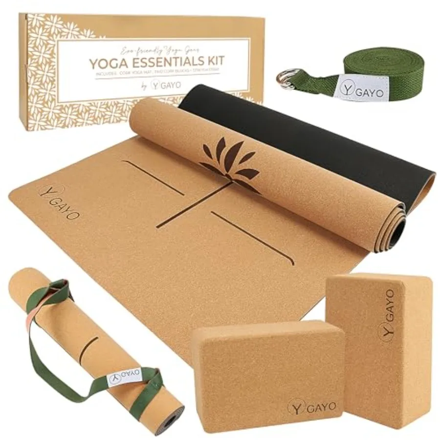 Gayo Premium Cork AllinOne Yoga Essentials Kit Large EcoFriendly Cork Yoga Mat and Blocks Set with Integrated Carry Strap Align