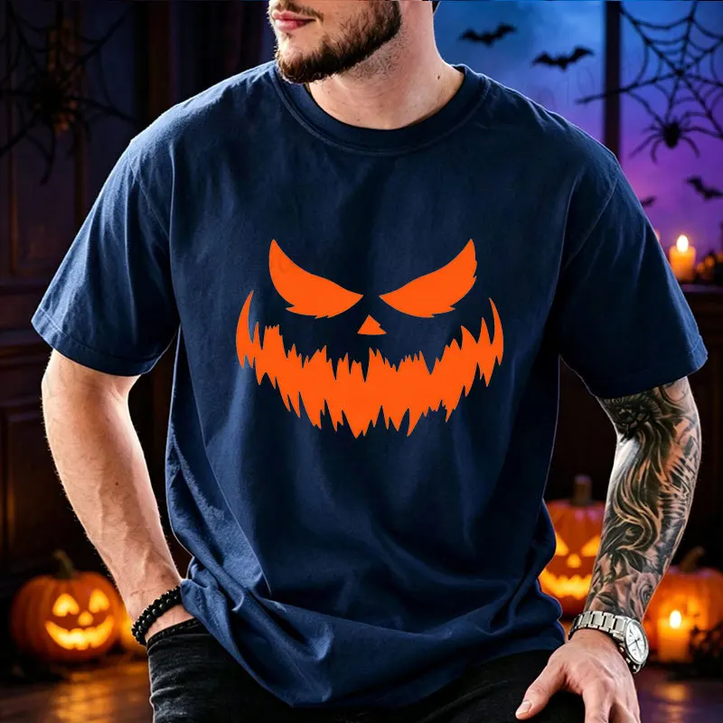 Halloween-T-Shirt mit gruseligem Kürbisgesicht, minimalistisches Design, Oversize-Schnitt, lässiges T-Shirt, für Herren, Unisex, Halloween-Party-Kostüm, Oberteil. – Detail 3