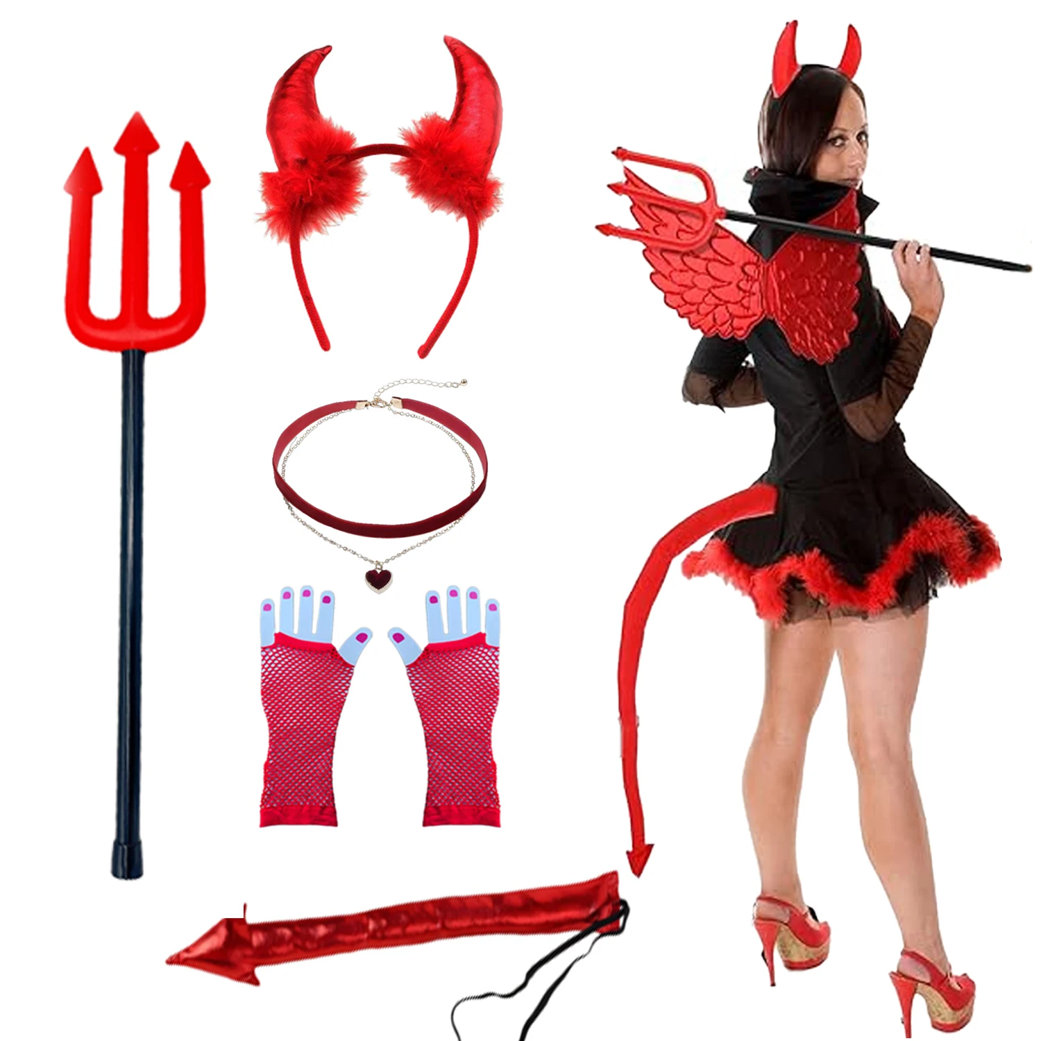 

PESENAR аксессуары для костюмов красного дьявола, повязка на голову с крыльями из перьев и рога, трезубец, самоклеящиеся драгоценные камни для лица, драгоценности, татуировки на рану