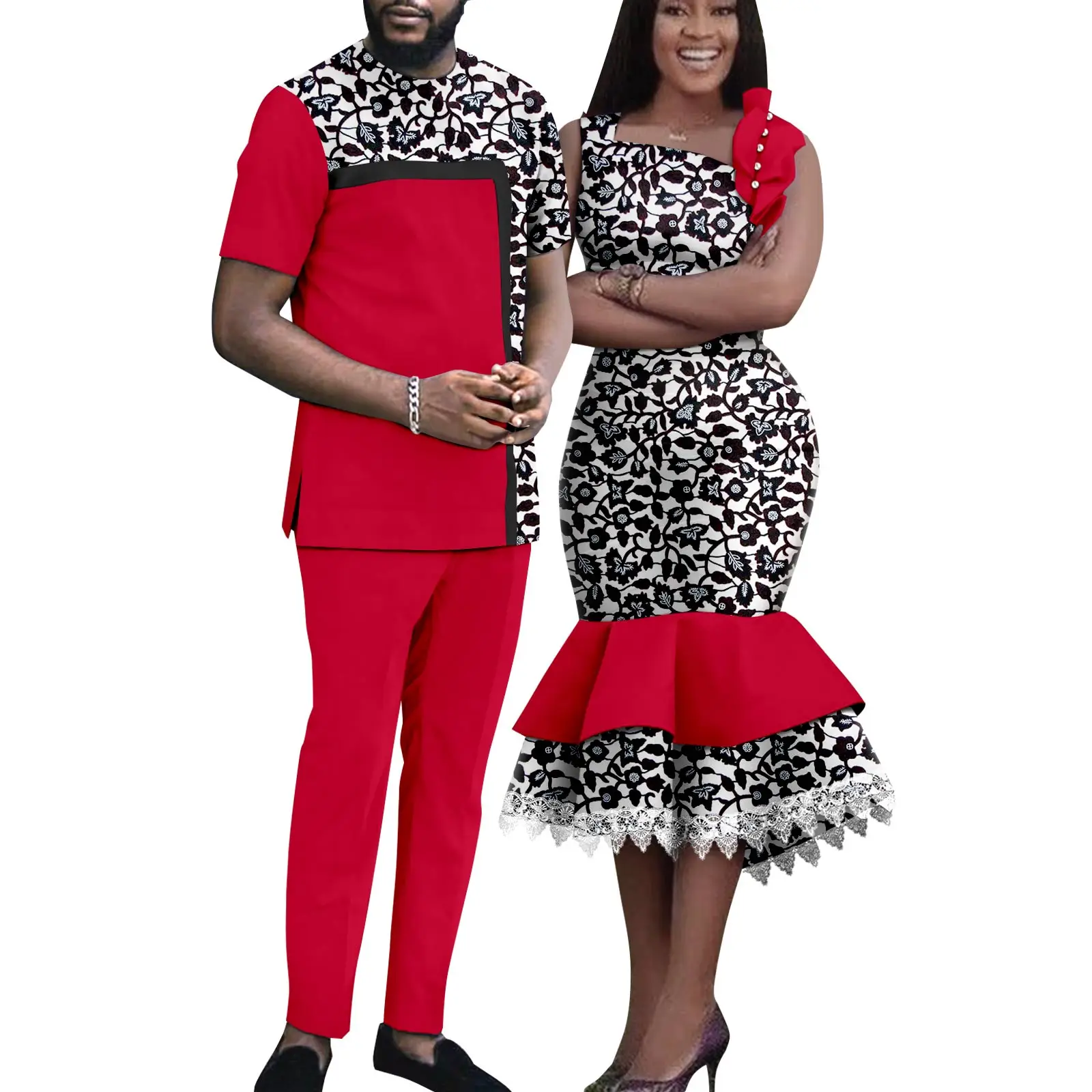 African Matching Outfit for Couples Dashiki Summer Women Ruffles Dresses Bazin Riche Men Patchwork Top and Pant Sets Y23C055