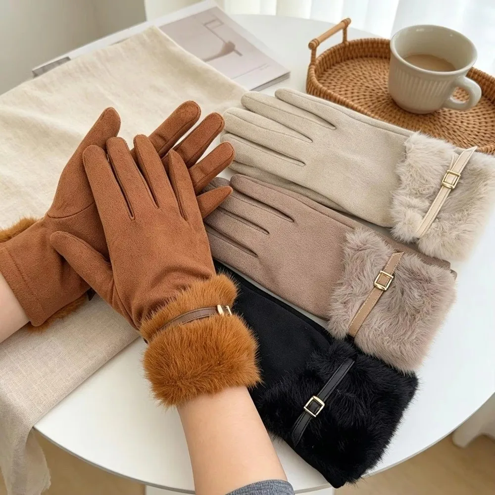 Durable Windproof Touch Screen Gloves Warm Lining Winter Gloves Metal Buckle Decoration Thick Gloves Women