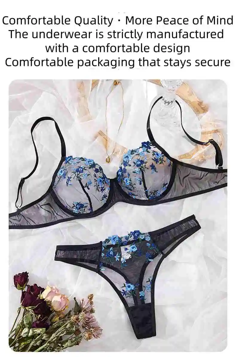 

Niche Blue Embroidered Mesh Lingerie Set Women's Sexy Lace Breathable Bra