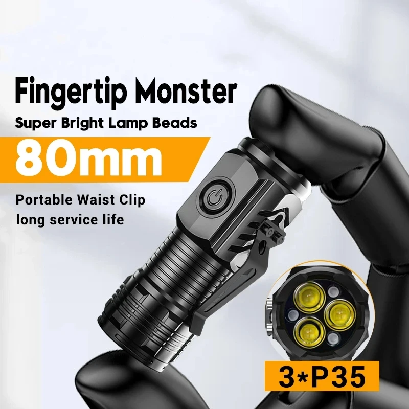 New Ultra Powerful Magnetic Flashlight Outdoors Camping 3LED Mini Tactical Torch Type-c Rechargeable High Power LED Work Lights