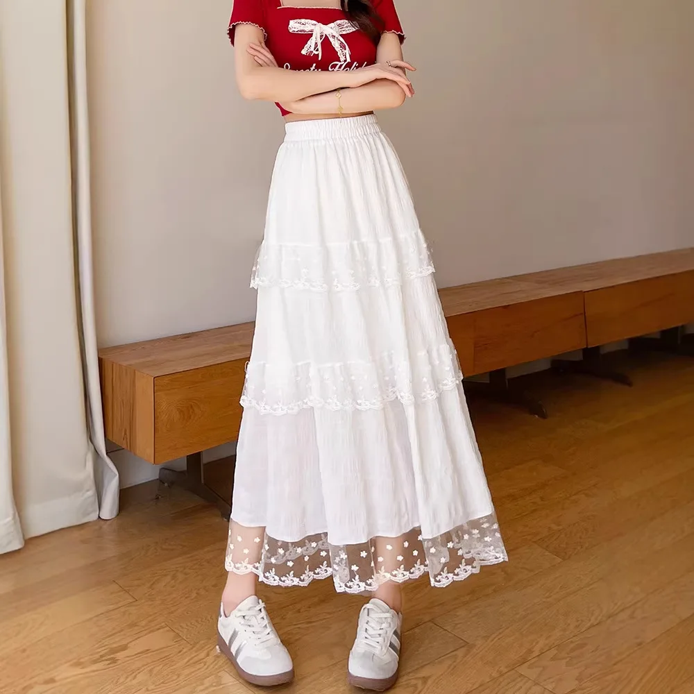 

White Lace Cake Skirt Women's 2026 New Spring and Summer High-waisted A-word Pleated Medium and Long Skirt