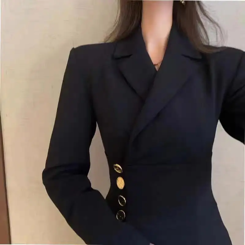 Lnsozkdg Spring Autumn Quality Long Sleeve Sexy V-neck Slim Sheath Short Black Dress Buttons Women Skinny Dresses Streetwear