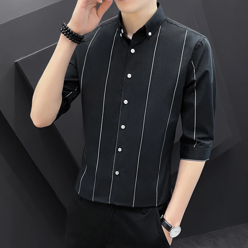 

Men's Casual Slim Fit Short Sleeve Shirt Thin Stripe Seven Sleeve Top Fashionable Korean Style Summer Leisure Male Garment