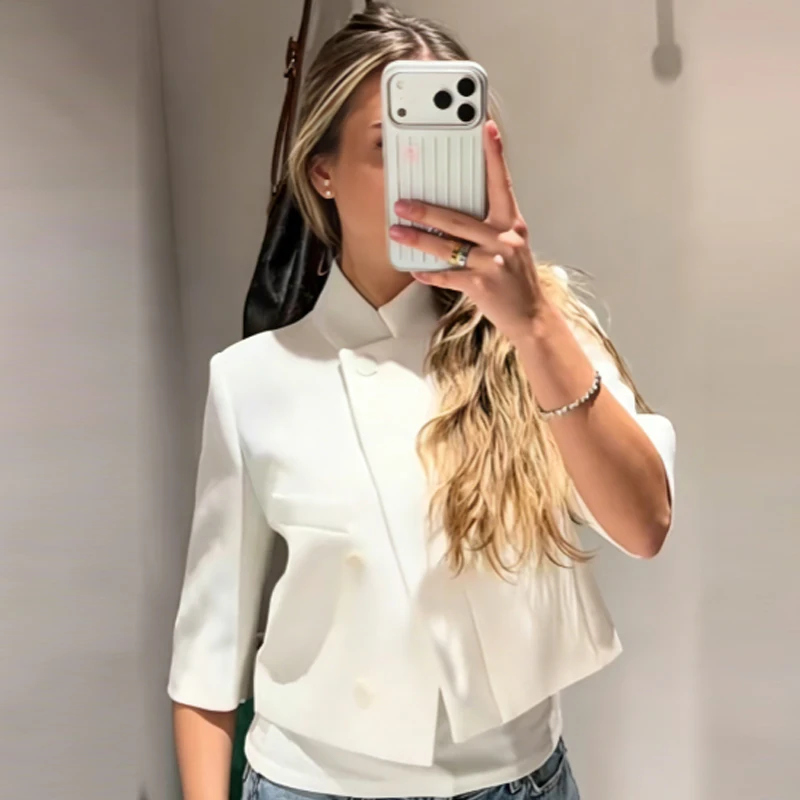 HXAO Crop Weiße Jacken Damenjacke Frühling Sommer 2026 Asymmetrische Knopfleiste Kurzarm-Oberbekleidung Schicke Streetwear Blazer für Frauen – Detail 6