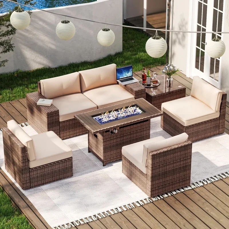 

7 Pieces Patio Furniture Set Outdoor Wicker Rattan Furniture 44” Fire Pit Table Outdoor Sectional Sofa Include Waterproof Cover