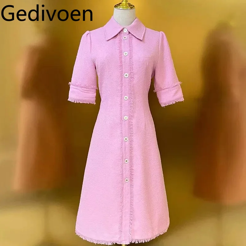 Gedivoen Autumn Pink/Sky blue/White Women's Dress Turn-Down Collar Long-Sleeved Single-Breasted Elegant Cotton Midi Dresses