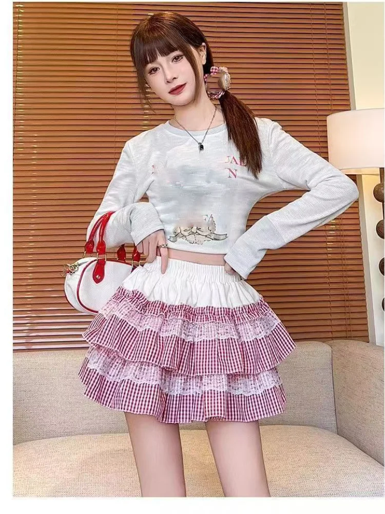 여름 미니 스커트 여성 의류 스위트 주프 패치워크 레이스 라인 스커트 2025 팔다스 무헤르 데 모다 하이 웨이스트 체크 귀여운 스커트