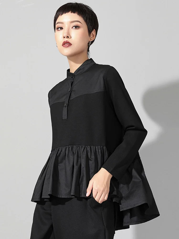 [EAM] 2024 New Spring Autumn Stand Collar Long Sleeve Black Loose Hem Pleated Stitch Irregular T-shirt Women Fashion Tide JQ016