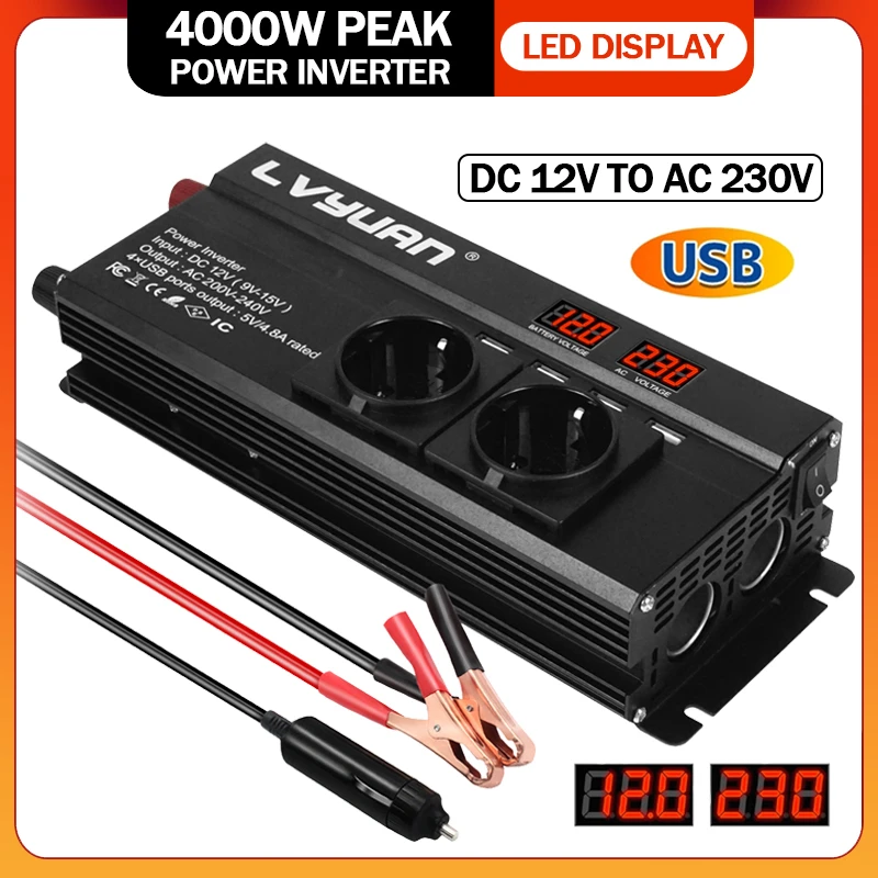 

DC 12V To AC 230V 50Hz 4000W/5000W/6000W Peak Power Inverter LED Digital Display With 4.8A 4USB EU Socket Converter Car Inverter