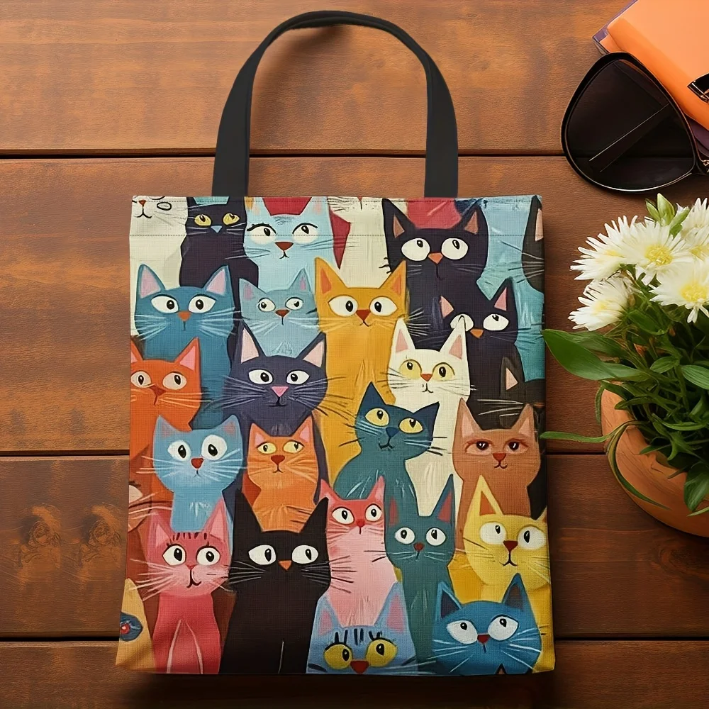 1 Stück bunte Einkaufstasche mit Katzenmuster – wiederverwendbare, stilvolle Schulterhandtasche für Männer und Frauen, lustiger Shopper mit Cartoon-Katzengesichtern – Detail 5