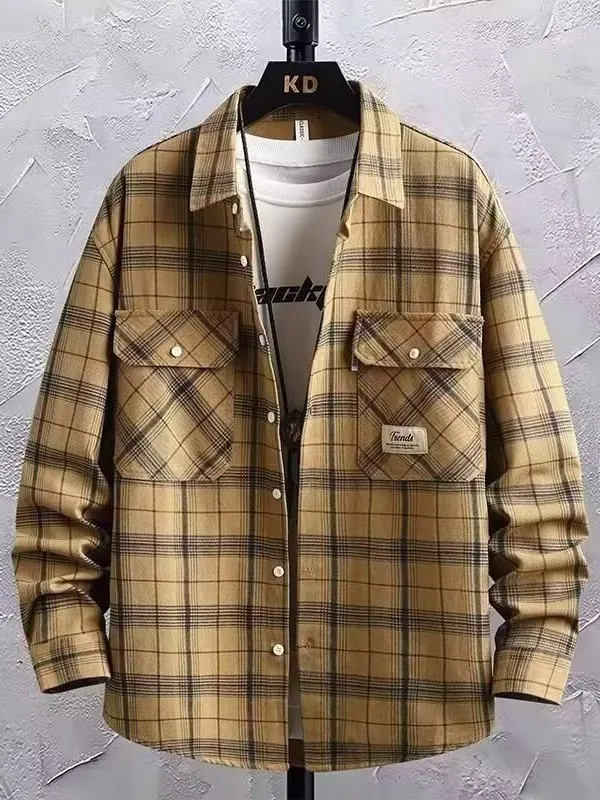 

Casual Loose Long Sve irt Men's Spring Autumn New Sle Thin Early Autumn Open Cardigan Trendy Plaid Print No Brand
