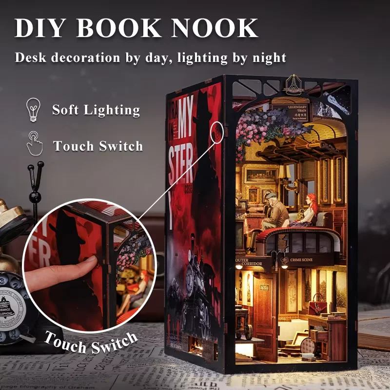 CUTEBEE Book Nook Bookshelf Insert With Touch Light Dust Cover DIY Miniature Doll House Kit Gifts Detective Agency Train Mystery