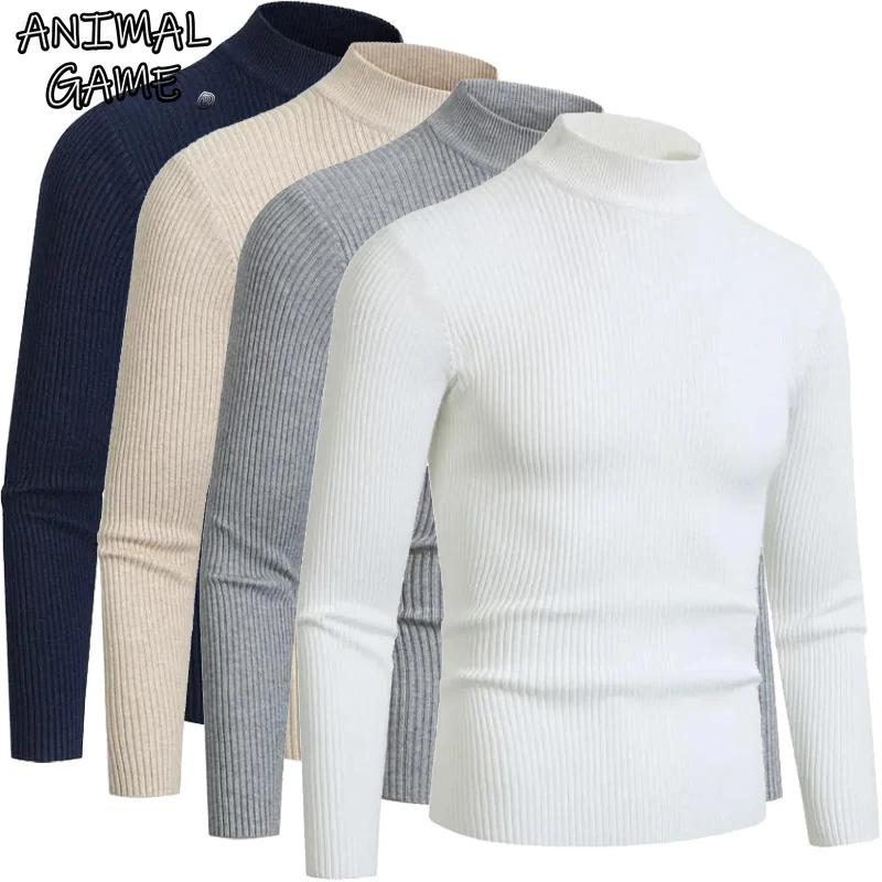 Jeu d'animaux automne hommes col montant chandails à manches longues col roulé pull hiver chaud rayures basique tricot froid Blouse
