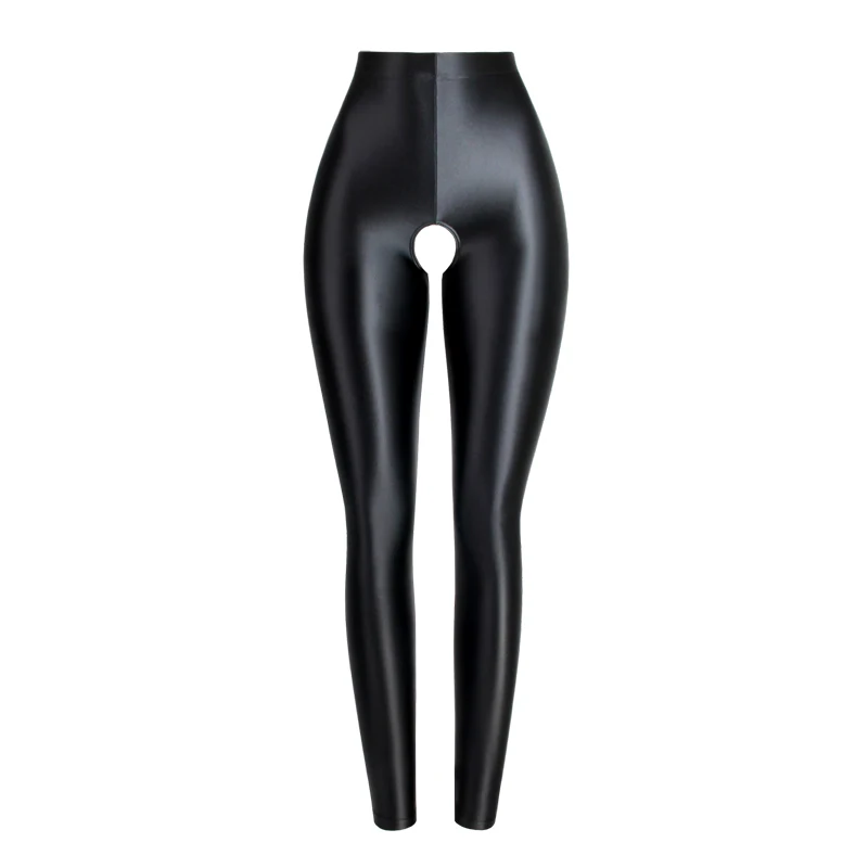 Sexy Satin glossy seamless leggings women fitness tights high waist shiny yoga sport oil Open crotch High elasticity Ninth pants