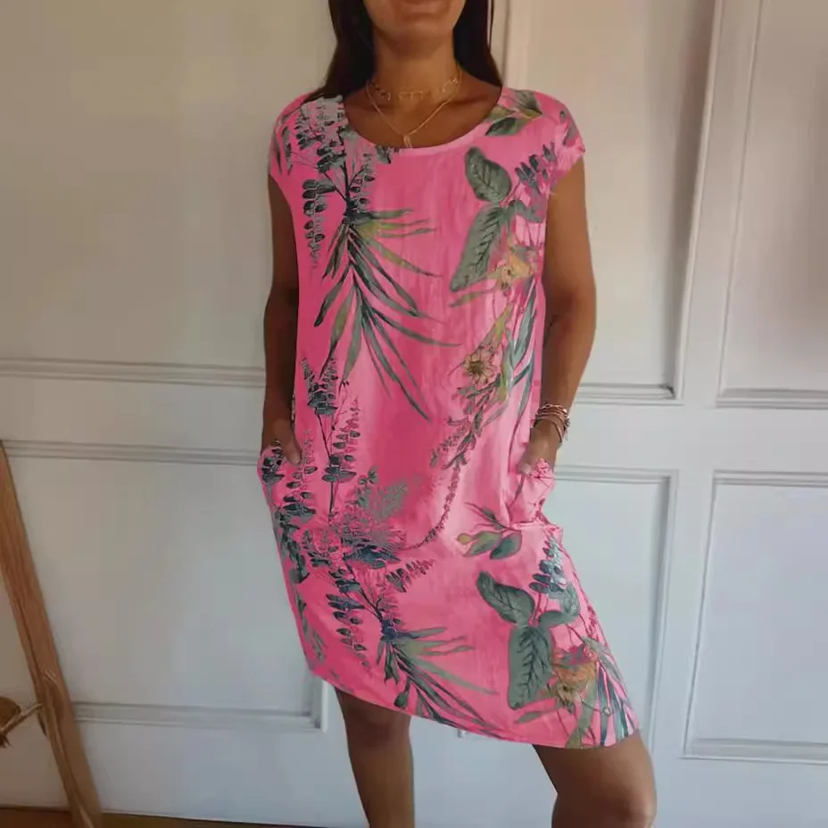 2025 Estate Nuove Donne Boho Abito Vintage Stampa Botanica Manica Corta Grande Tasca Abito Midi Lady Vacanza Abito Da Spiaggia Robe Femme